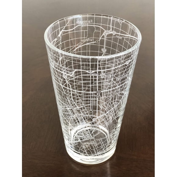16 oz Pint Beer glass Urban city Map Detroit Michigan