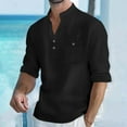thumbnail image 2 of Linen Henley Shirt Men Beach Long Sleeve V Neck Button Up Hippie Top Lightweight Breathable Summer Casual Drawstring Boho Shirt with Pocket, 2 of 9