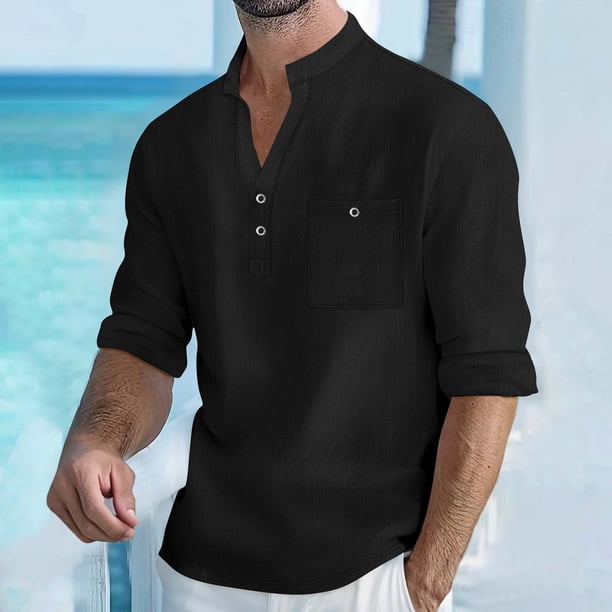 Blusa y camisa de manga larga con cuello alto para hombre, informal, de color liso, con botones, de media manga, con cuello alto y bolsillo, de poliéster.