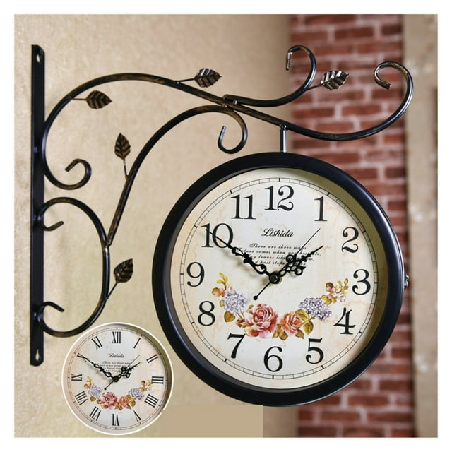 Horloge Murale Rétro Double Face Aspect Antique pour Décoration Murale Extérieure Bureau