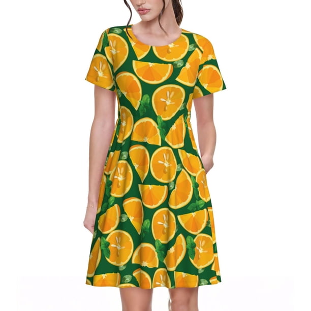 Easygdp Orange Lemon para Vestido Transpirable de Mujer, Vestido Suelto de Manga Corta con Pliegues y Bolsillos para el Verano