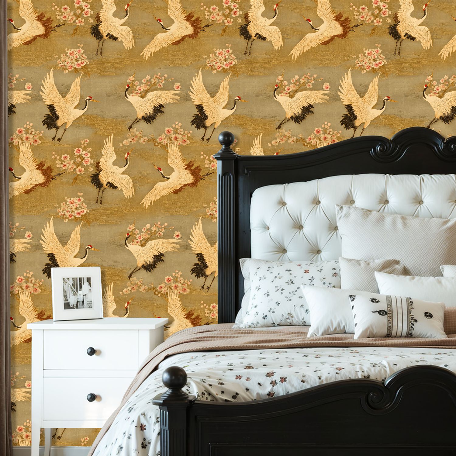 Cranes Peel and Stick Wallpaper 23.6in x 9.8ft Elegant Crane Birds Among Cherry Blossoms Golden Contact Paper Vinyl Waterproof Self Adhesive Wall Paper for Bedroom Shelf Cabinet Renter Friendly