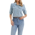 thumbnail image 1 of Chaqueta de mezclilla recortada para mujeres, con mangas abullonadas, botón, chaquetas de mezclilla vintage L azul claro, 1 of 6