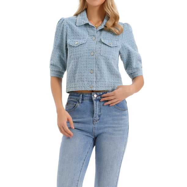 Chaqueta de mezclilla recortada para mujeres, con mangas abullonadas, botón, chaquetas de mezclilla vintage L azul claro