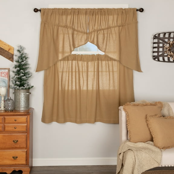 VHC Brands Burlap Natural 4 PC Curtain Set (2 Prairie Swag 36x18 and 2 Tier 36x36)