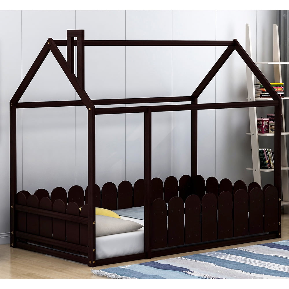 Kepooman Twin Size Wood Bed House Bed Frame with Fence for Kids Teens, 78.7"L x 42.5"W x 70.8"H, Espresso Kepooman Twin Size Wood Bed House Bed Frame with Fence for Kids Teens, 78.7"L x 42.5"W x 70.8"H, Espresso