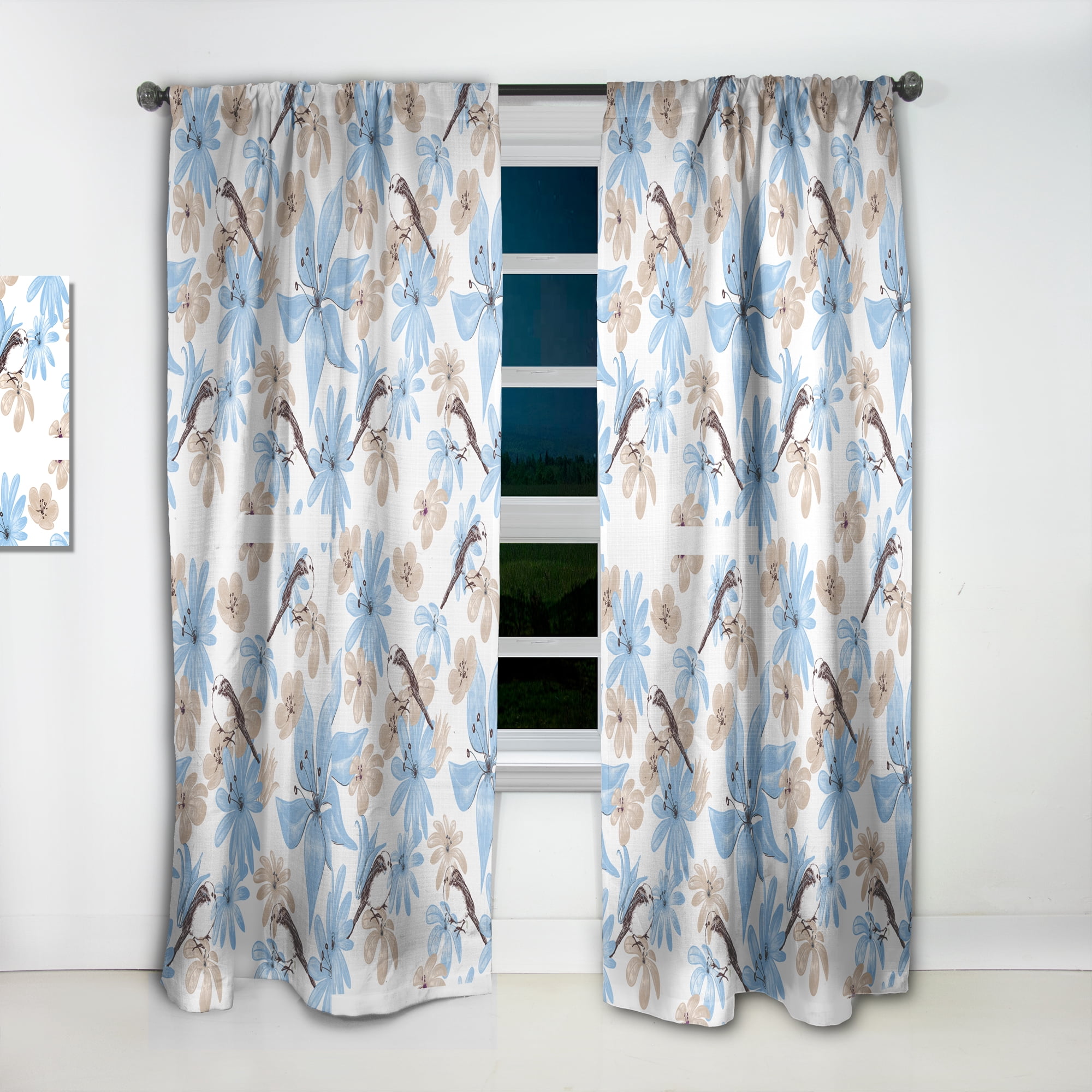 Designart 'Drawing Of Blue Flowers With Little Bird On White' Floral Curtain Panel