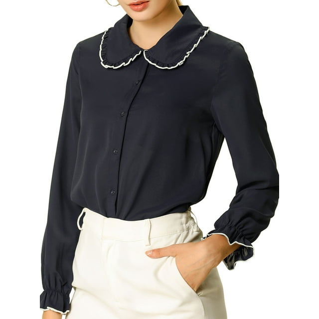 INSPIRE CHIC Junior's Sweet Ruffle Peter Pan Collar Button Up Shirt