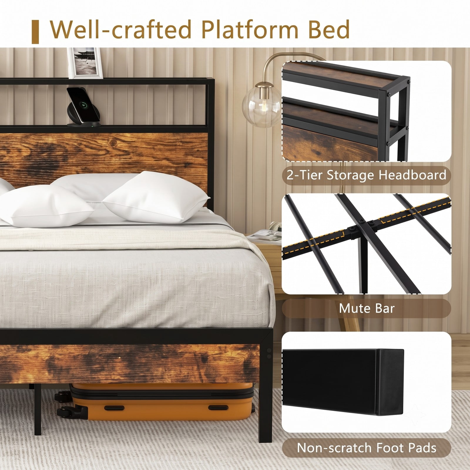 Furnibear Queen Bed Frame with Storage Headboard, Charging Station and USB Ports, Metal Platform Bed, No Box Spring Needed, Rustic Brown and Black