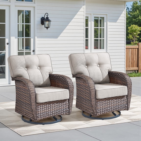 Outdoor Rattan Swivel Rocking Chairs Set of 2, Patio Wicker Furniture Conversation Glider Rocker Chairs with 5" Thick Cushions, Beige
