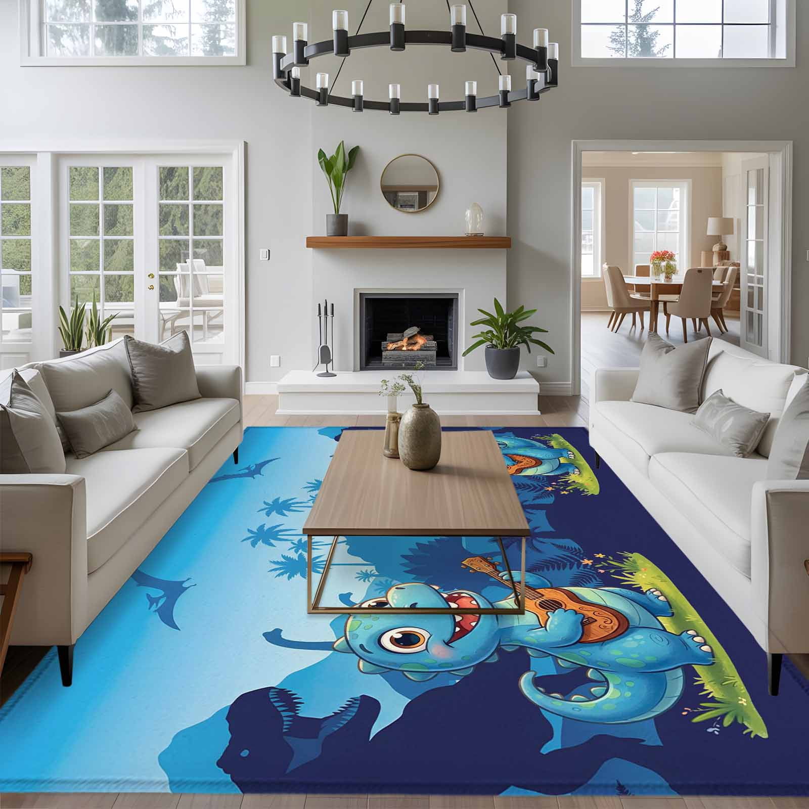 Funny Dinosaur Area Rugs 5'x8', Washable Small Throw Rugs for Classroom Bedroom, Playing Guitar Palm Tropical Blue Silhouette Indoor Outdoor Rug Non-Slip Low Pile Carpet Runner Reversible Floor Mats
