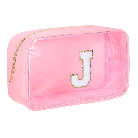 Uxcell Initial Makeup Bag, Pink Clear Cosmetic Bag Case Transparent Toiletry Organizer with Zipper, Portable Makeup Pouch for Daily Use Travel, Letter J
