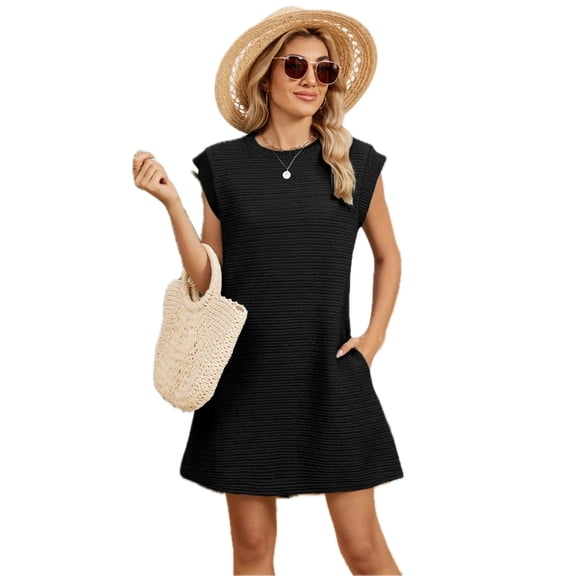 Women's Round Neck Cap Sleeve Mini Dress 60% rayon 30% polyester 5% spandex Lightweight Everyday Wear Casual Style