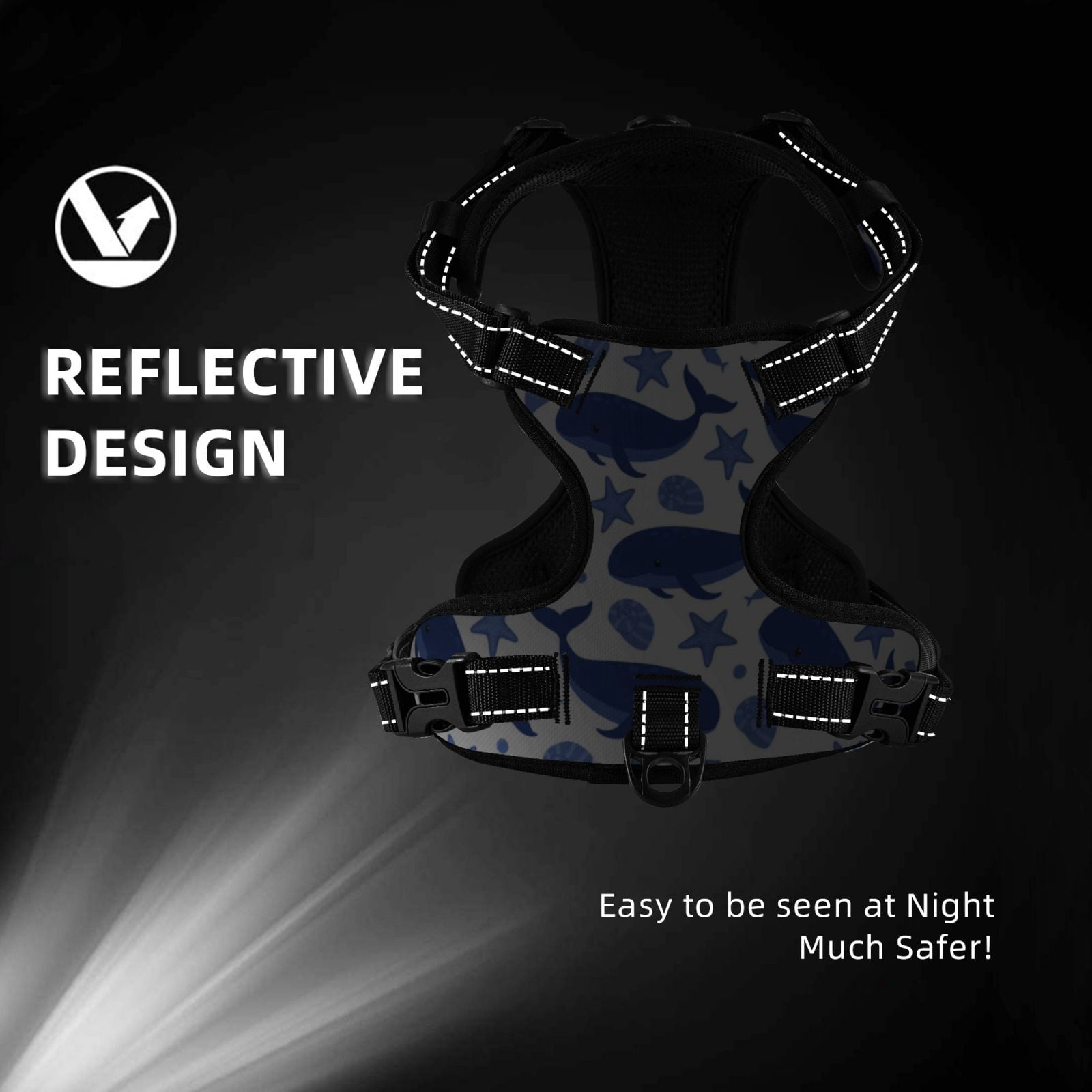 Fuzoiu Whale Print Reflective Dog Harness,Adjustable, Breathable Pet Vest,Dog Harness No Pull,No Choke Pet Vest for Small, Medium, and Large Dogs-Small