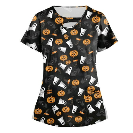 

Sksloeg Printed scrub Tops Women Cute Cartoon Pattern Scrub Shirt Tops Short Sleeve V Neck Pocket Working Uniform Workwear Dark Gray S