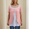thumbnail image 2 of Stylish Olyvenn Womens Plus Size Tops Summer Dressy Hollow Out Boat Neck Short Sleeves Lightweight T-Shirt Color Blocked Patchwork Tee Pink XXXL, 2 of 6