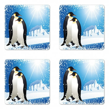 

Winter Coaster Set of 4 Penguins on Iceland at Arctic Snowy Frozen Climate Kids Illustration Square Hardboard Gloss Coasters Standard Size Sky Blue White Black by Ambesonne