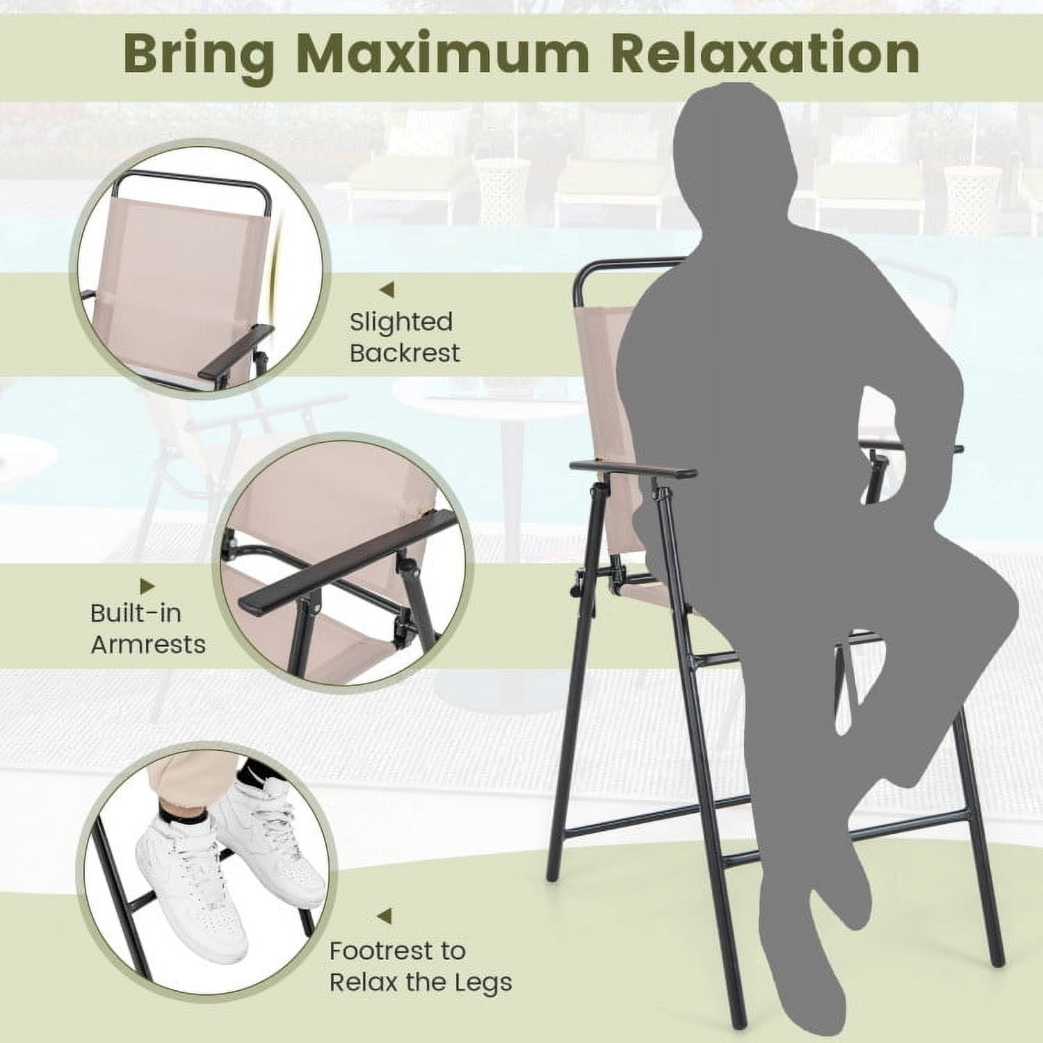Yardi Yard Set of 2 Patio Folding Bar-Height Chairs with Armrests and Quick-Drying Seat-Beige, Outdoor Furniture Chairs for Backyard, Porch, Garden, Poolside