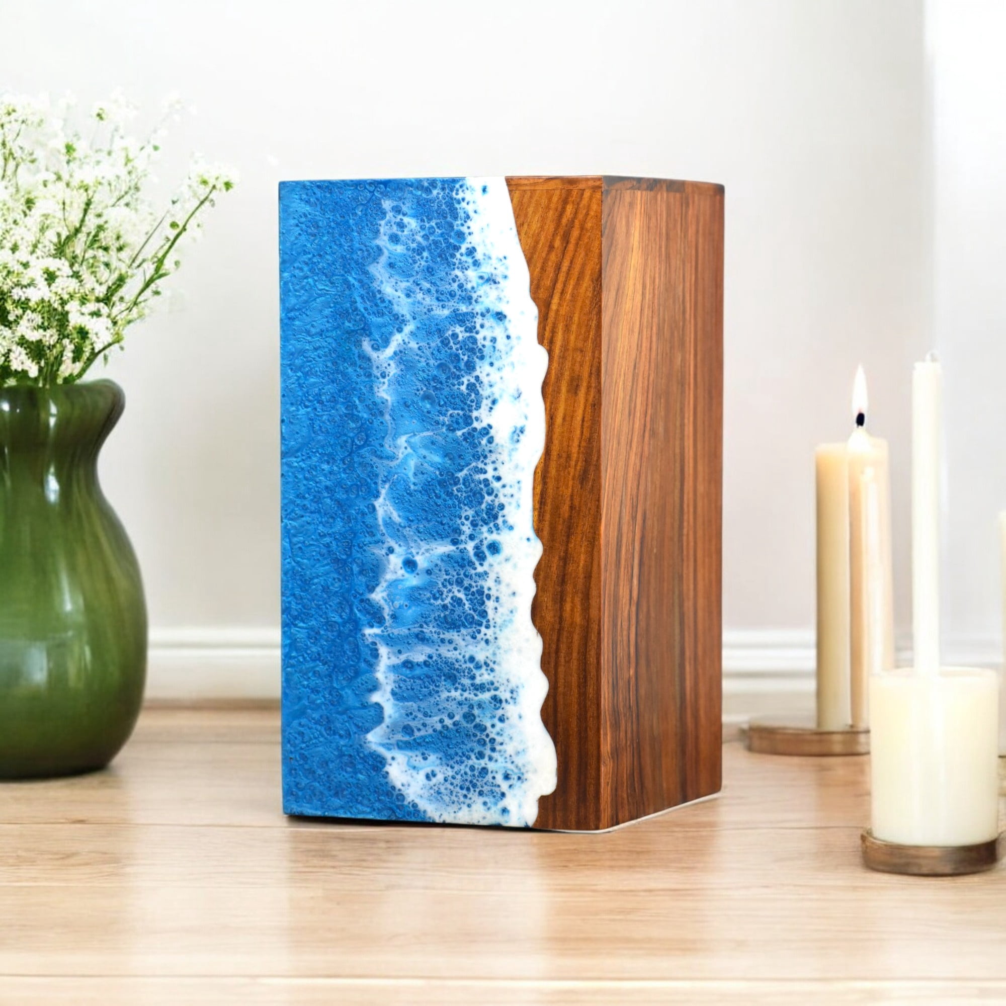 Wooden Urns for Human Ashes Adult Male, Female – Personalized Cremation Urn - Ocean Wooden Resin Urns for Burial & Home Memorial – Decorative Urn Box for Pet Ashes