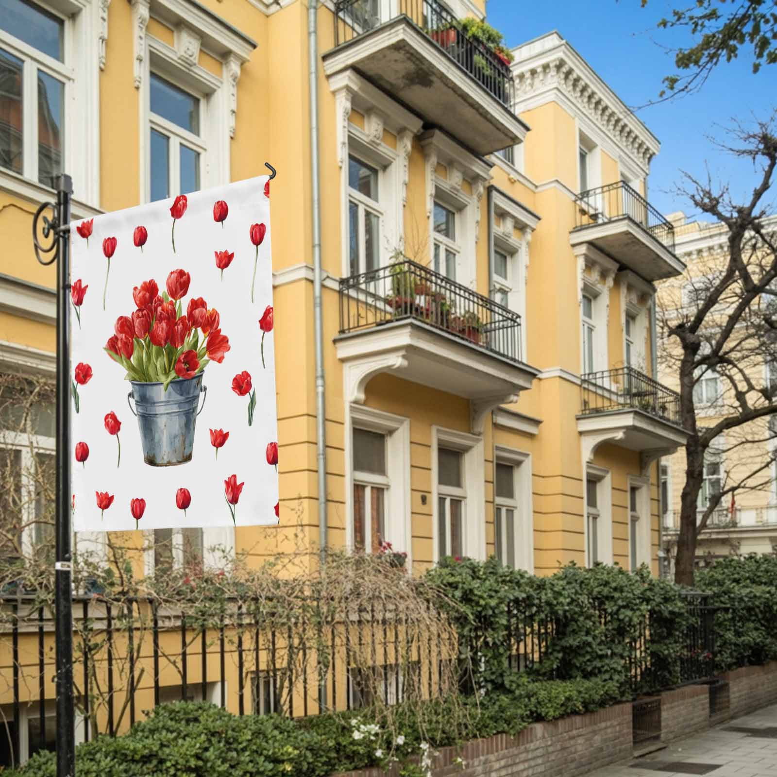 Spring Florals House Flags For Outdoor, Red Tulip Floral Drum Farm Plants Country Small Double Side Yard Flags Weather Proof House Decor for Lawn Outside Holiday 28 x 40 Inches