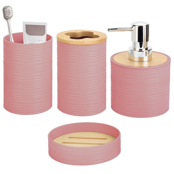 4 Pieces Bamboo Bathroom Accessories Set, Bathroom Accessory Set with Soap Dispenser and Toothbrush Holder, Soap Dish and Toothbrush Cup, Boho Bathroom Decor(LightPink)
