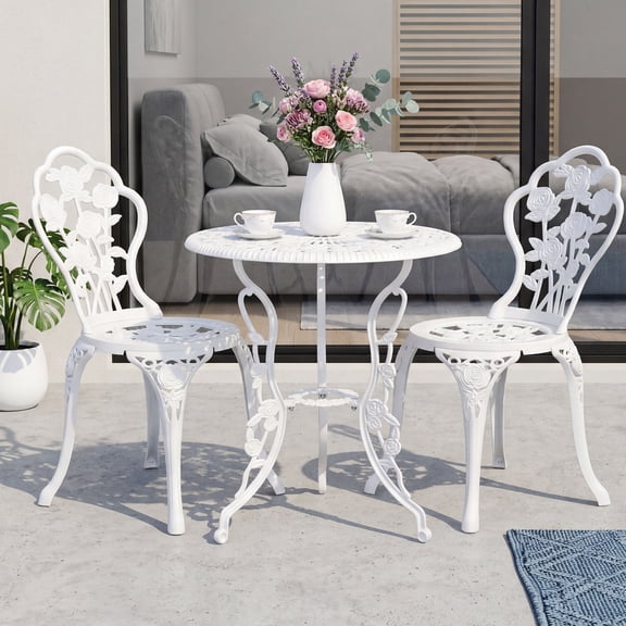 White Rose Cast Aluminum 3 PCS Patio Bistro Set, Outdoor Bistro Set with Umbrella Hole, Adjustable Foot Caps, Garden Bistro Table and Chairs Set of 2 for Yard Porch Backyard,White