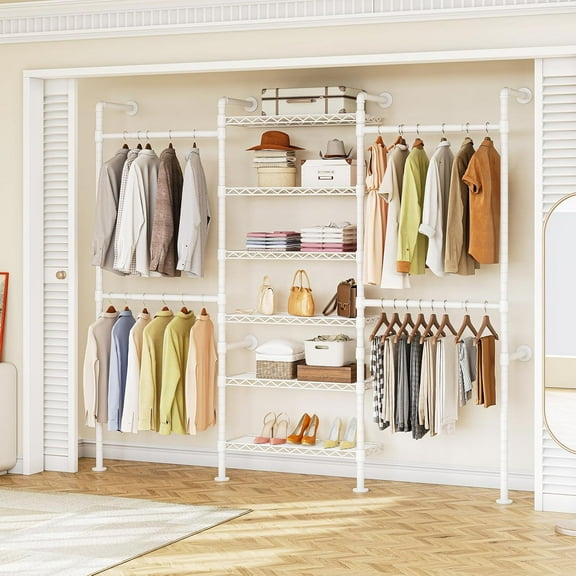 H3 Wall Mounted Closet System, Expandable Industrial Pipe Clothes Rack Clothing Rack for Hanging Clothes, Heavy Duty Closet Organizers and Storage in Wardrobe Closet, White