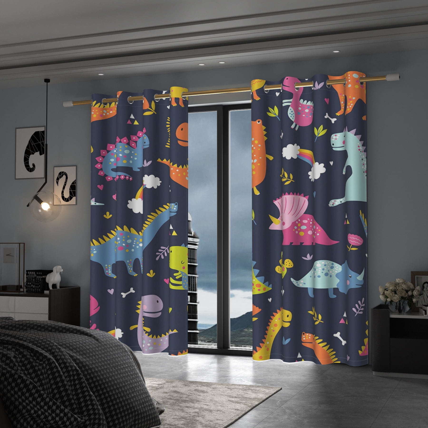 Lfeey Cute Dinosaur Cartoon Kids Room Blackout Curtains, Room Darkening Grommet Curtains, Black, 42x63 in, 2 Panels
