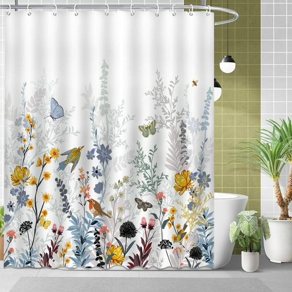 Spring Floral Shower Curtain Set Watercolor Bird Butterfly Colorful Wildflower Shower Curtain Waterproof Modern Fabric Bathroom Curtain 72x72 Inches with 12 Hooks