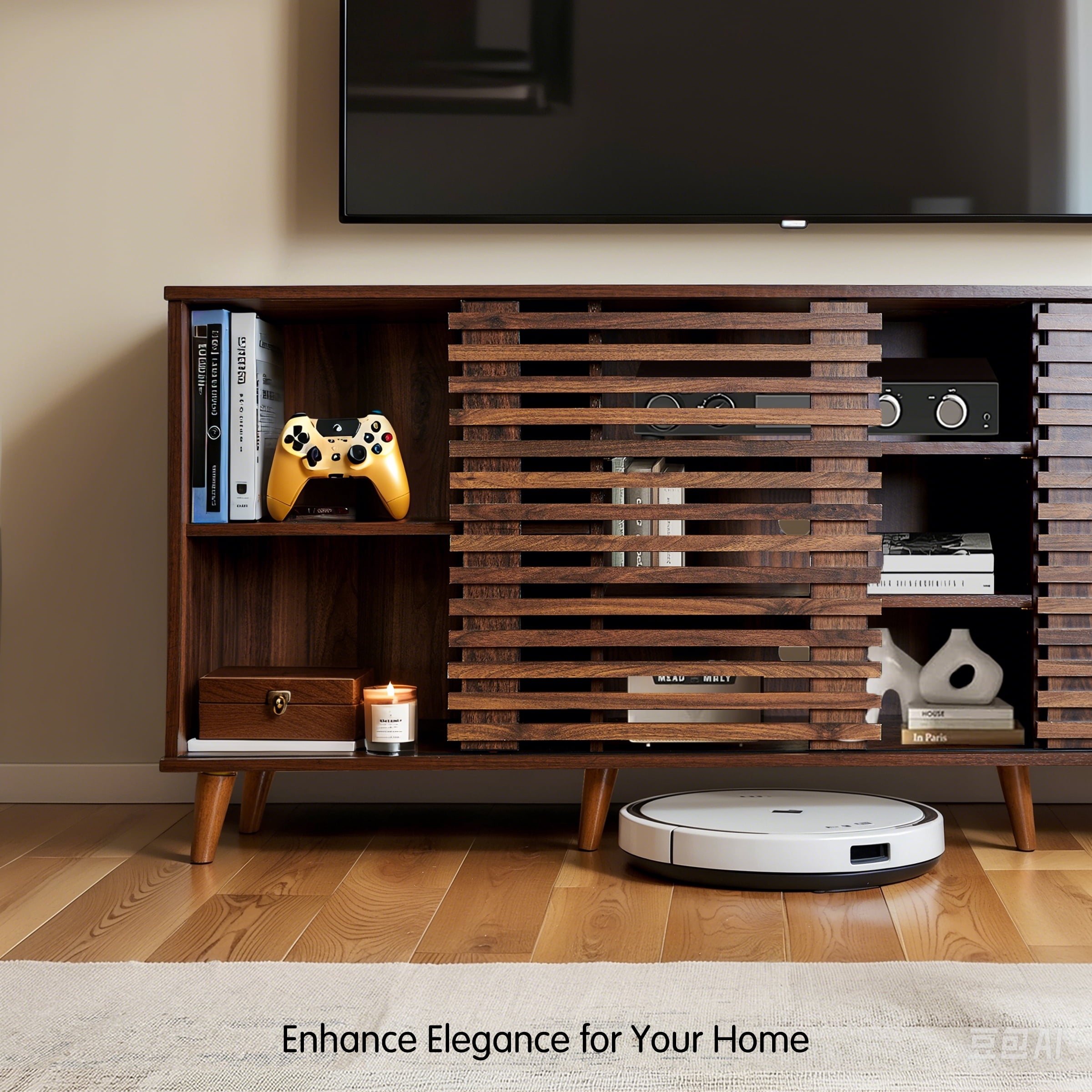 Subrtex Mid-Century Modern TV Stand Entertainment Center for TVs up to 60", Walnut Wooden Media Console with Slatted Doors & Adjustable Shelves for Living Room Storage