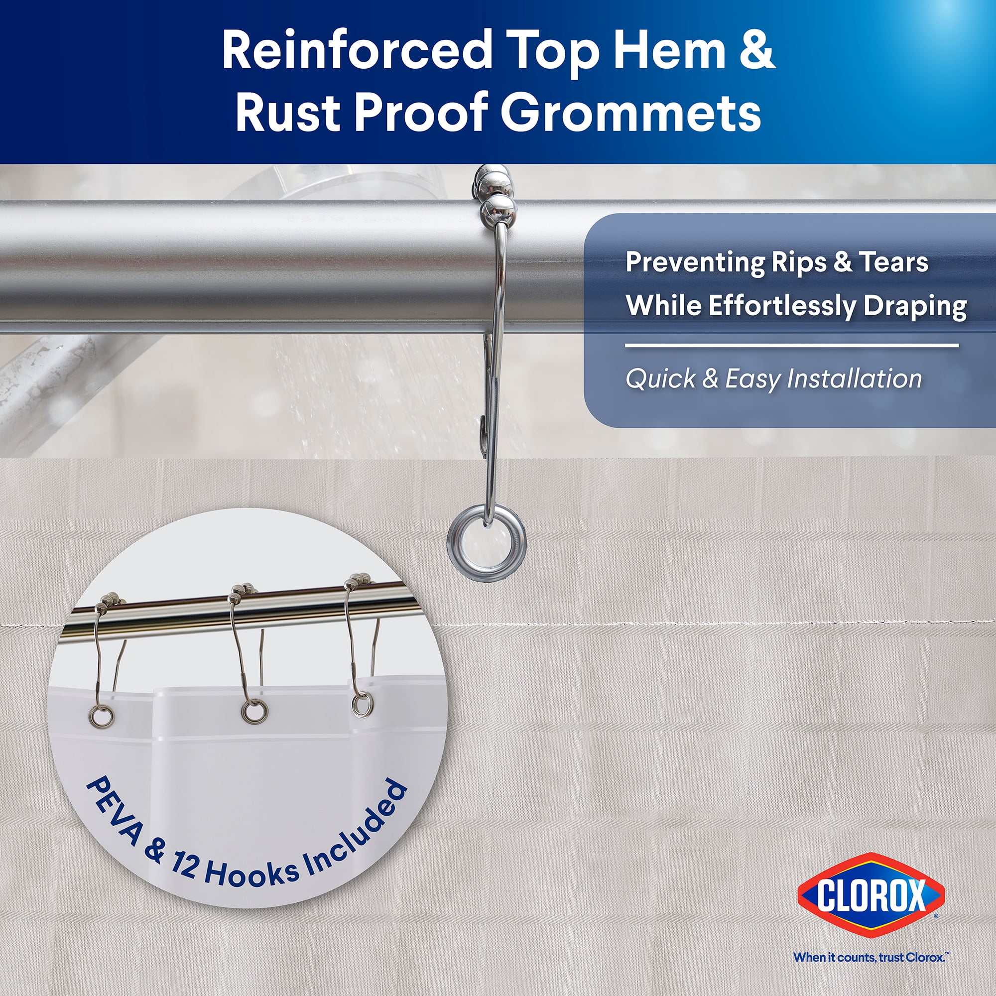 Clorox 100% Polyester Shower Curtain Set with Waterproof PEVA Liner and 12 Metal Hooks (Tan)