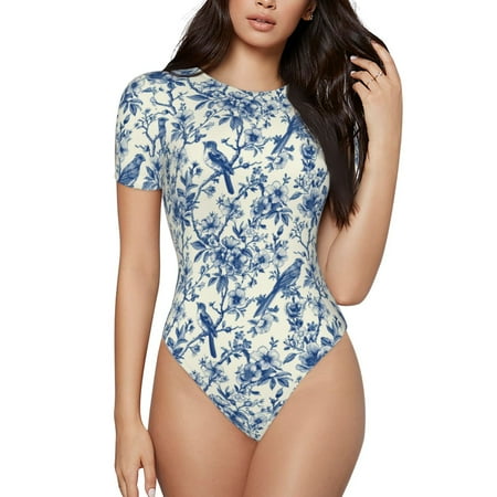 Cauagu Vintage Floral Birds Women s Crew Neck Round Short Sleeve T Shirts Tops Bodysuit Daily Jumpsuit-XX-Large