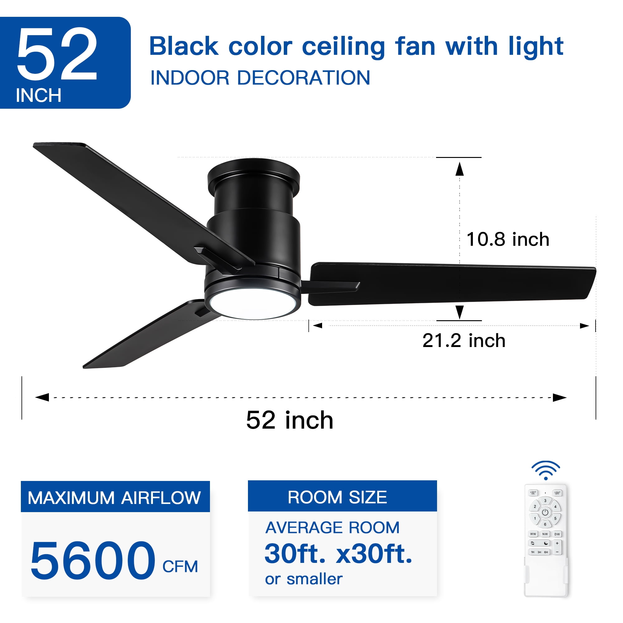 Leumius 52" Black Lowe Profile Ceiling Fan with Dimmable 3CCT LED Light,Modern Ceiling Fan for Living Room Bedroom