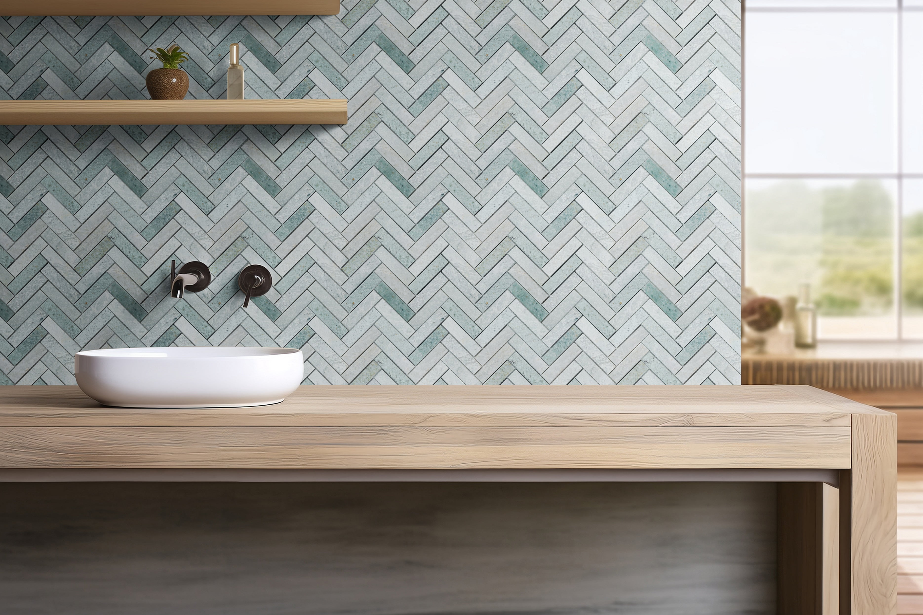 10 Sheets of 1" x 4" Ming Green Marble Herringbone / Chevron Mosaic Wall & Floor Tile