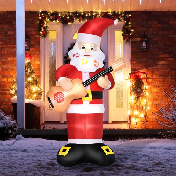 Outsunny 62.25" Inflatable Christmas Guitar-playing Santa Claus with Musical Notes Beard, Blow-Up Outdoor LED Yard Display for Lawn Garden Party