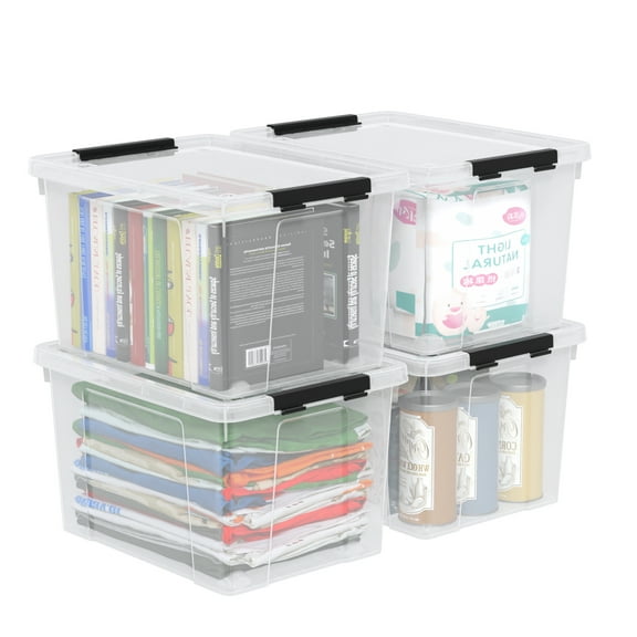 Hespama 34 Quart Clear Latching Storage Box, 4 Packs Plastic Storage Bins with Wheels