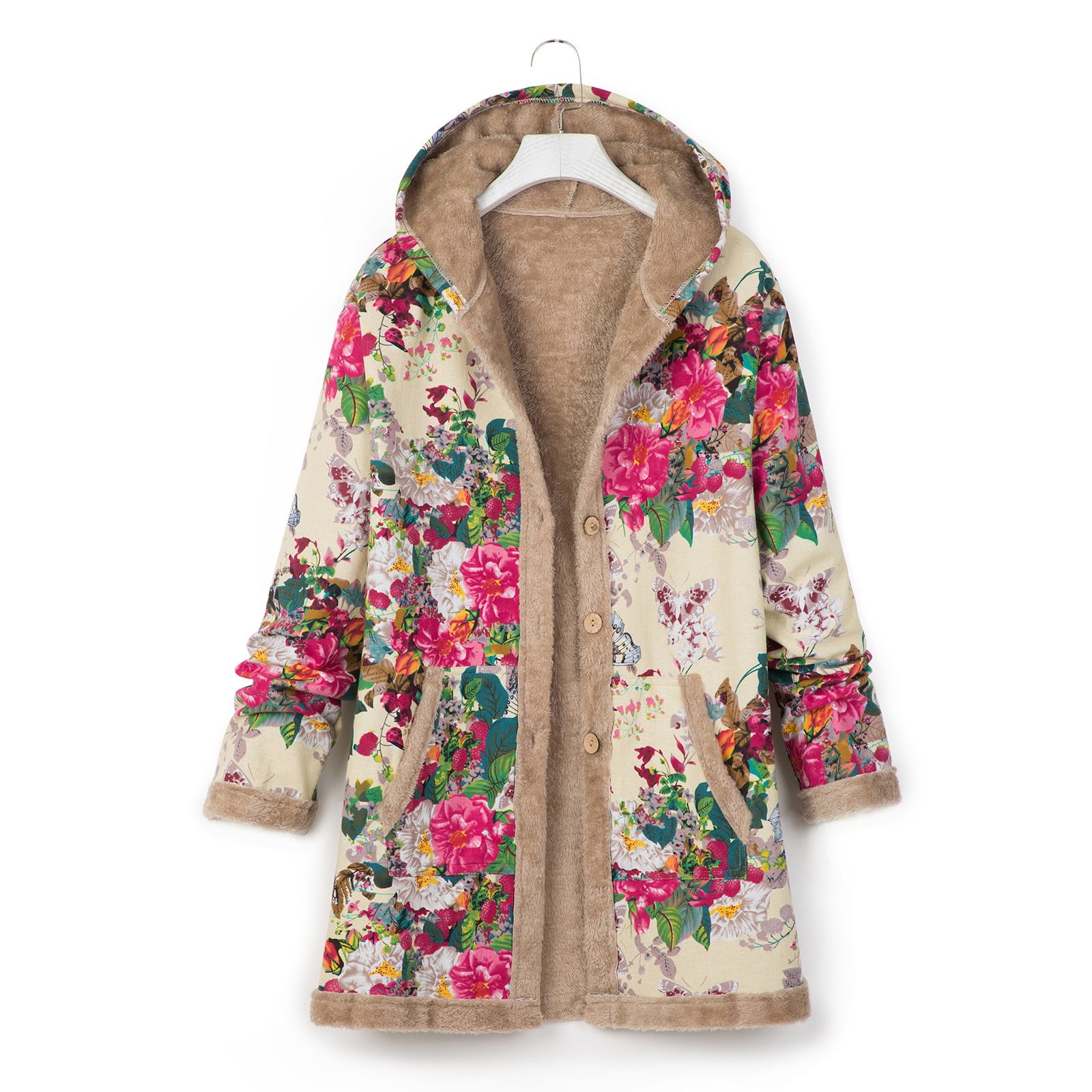 twifer jackets womens women fashion flower printing splicing cotton and  linen hooded cardigan long sleeves mid-length coat 