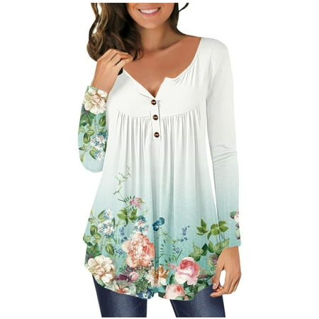 

Valentine s Day Deals! 2022 Juebong Women White Pullovers Women Casual T-shirt Printed Long Sleeve Round Neck Ruched Button Pullover Blouse Tops