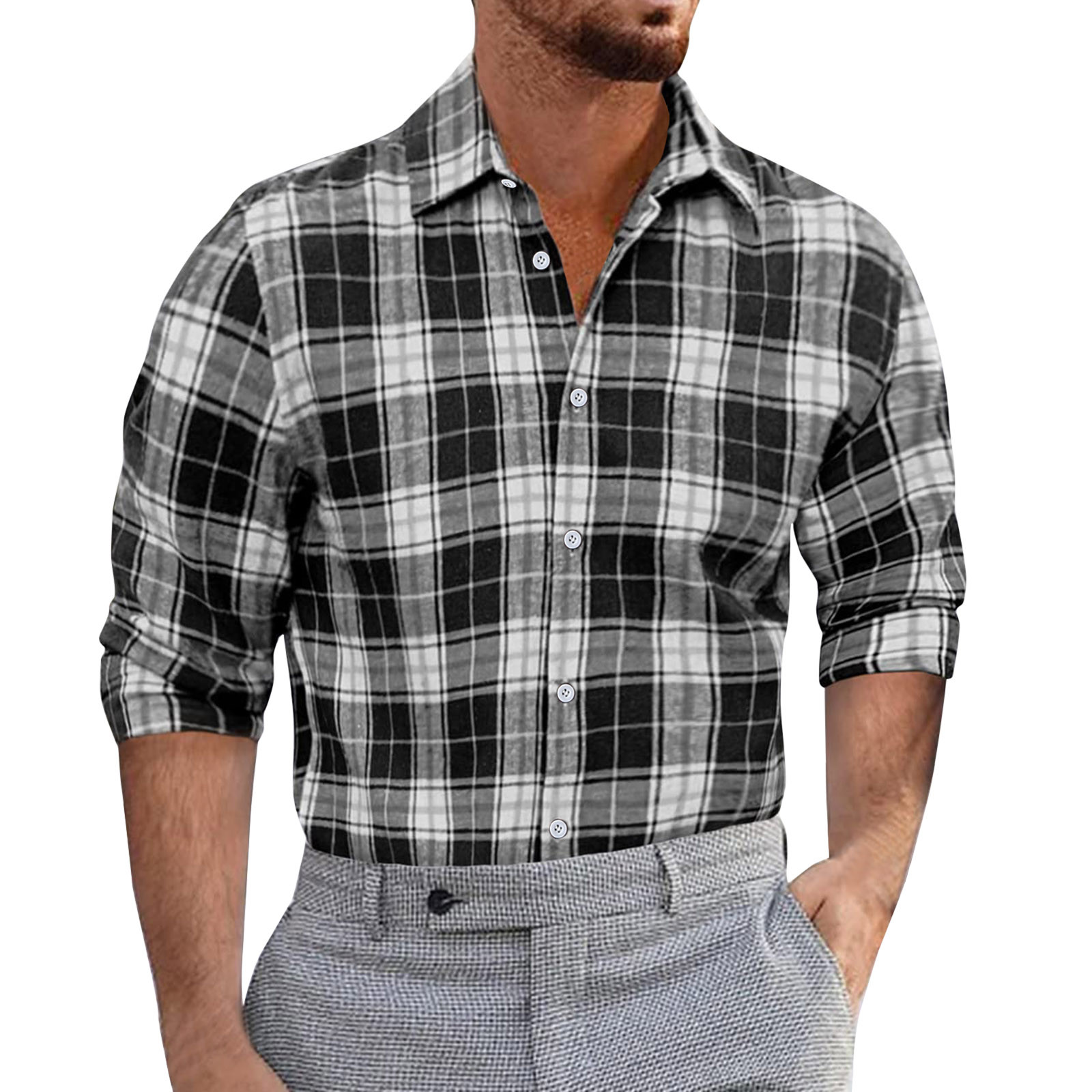 CBGELRT Mens Shirts Classic Mens Tropical Shirts Men Fashion Casual  Fashionable Thin Stripe Slim Lightweight Breathable Long Sleeve Button down  Plaid Lapel Formal Shirt Black L