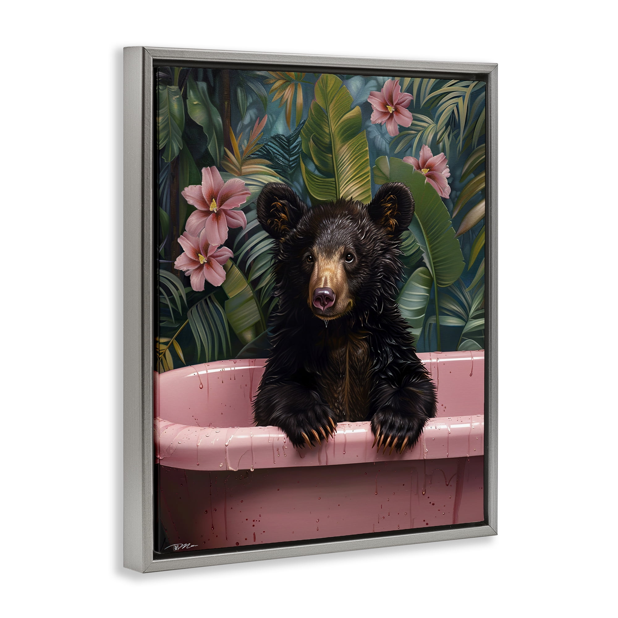 Bruno Bear in Pink Tub Gray Framed Floater Canvas Wall Art, design by Momart