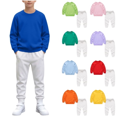 THDHVS Boys Sweatsuit Unisex Kids Solid Round Neck Long Sleeve Sweatshirt Cargo Pocket Jogger Pants Casual 2 Piece Set Boys Clothing Sets Purple 7-8 Years