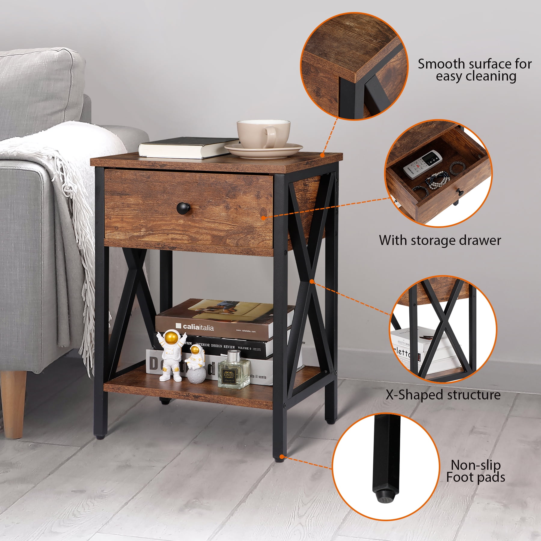 ZENY 2PCS x-Design End Table Metal Frame Storage Organizer Display, Brown