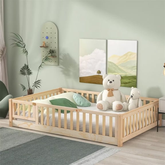 Full Size Floor Bed Frame for Kids Toddlers, Wooden Montessori Bed with 7 Wood Slats, Fence-Shaped Guardrails and Door for Boys Girls Bedroom Playroom, No Box Spring Needed, Natural