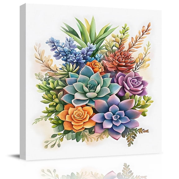 Wall Art Prints, Summer Botanical Succulents Framed Canvas Prints for Bedroom Living Room Bathroom Office, Watercolor Spring Floral Botanical Gallery Wrap Wall Art Poster for Gifts Home Decor 12"x12"