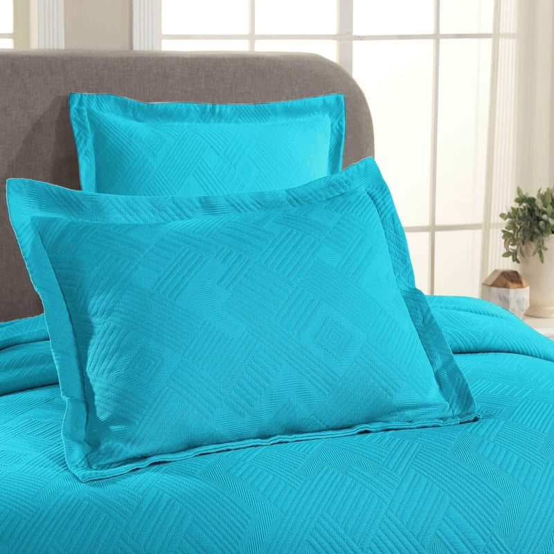 Superior Geometric Fret Cotton Bedspread and Sham Set, 3-Piece Decorative Breathable Bedspreads, Queen, Peacock Blue