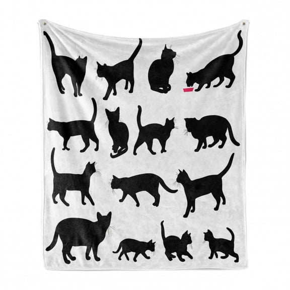 Cat Soft Flannel Fleece Throw Blanket, Black Cat Silhouettes in Different Poses Domestic Pets Kitty Paws Tail and Whiskers, Cozy Plush for Indoor and Outdoor Use, 70" x 90", Black White, by Ambesonne