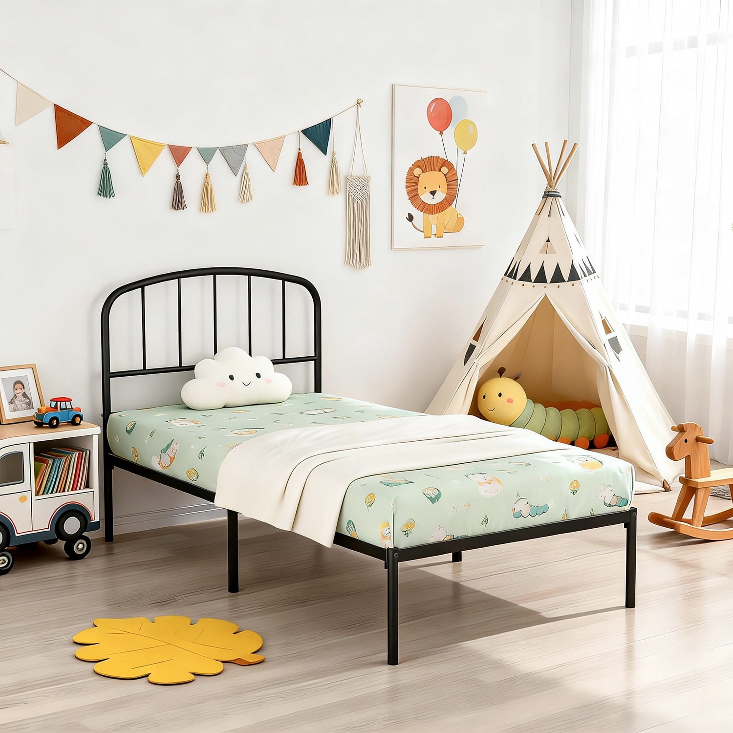 Mainstays Crew Twin Metal Platform Bed With Curved Headboard, Black Steel
