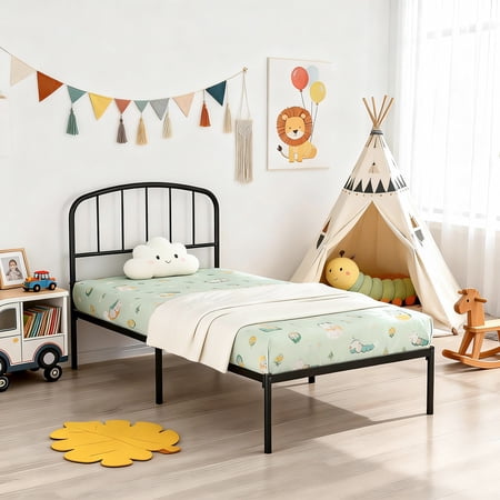 MAINSTAYS CREW TWIN METAL PLATFORM BED WITH CURVED HEADBOARD, BLACK STEEL