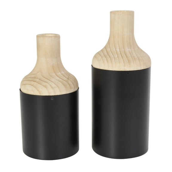 DecMode 12", 10"H Colorblock Black Wood Vase with Light Brown Wood Tops, Set of 2