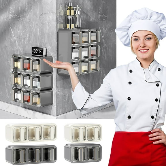 Wall Mounted Spice Organizer with Drawers | Transparent Plastic Seasoning Box | No-Drill Installation | Sealed Compartments with Spoon | Space-Saving Kitchen Storage | White/Gray | 17.7x9.5x9.5cm